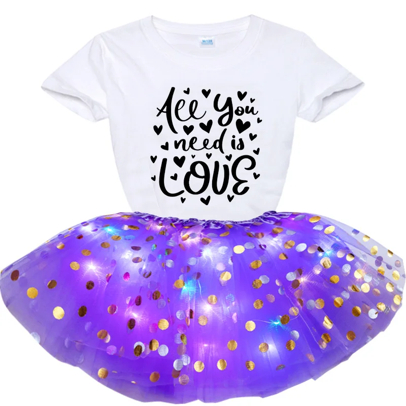 

Children Print T Shirt+Glowing Skirts Sets New Light LED Girl Kids Clothes Star Tutu Skirt Princess Party Tulle Pettiskirt Child