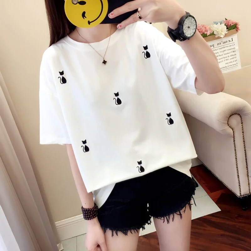 Женская футболка с вышивкой в стиле кампуса Модная хлопковая коротким рукавом и