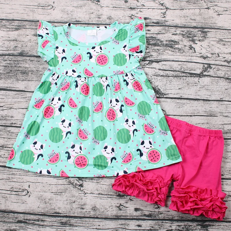 

Cute watermelon and cat design boutique clothing flutter sleeve top and short baby clothes lovely kids clothing sets in stock