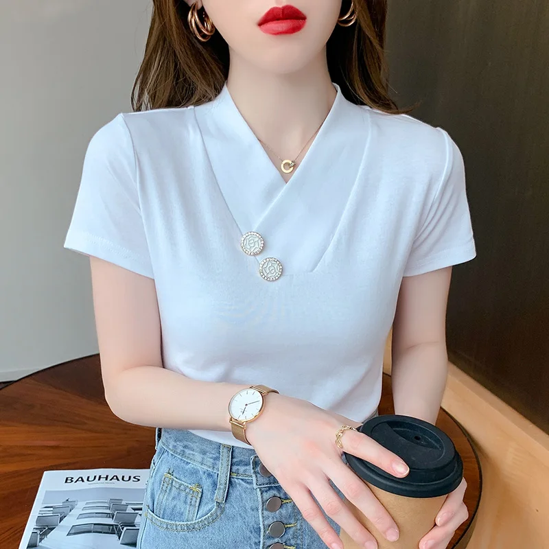 

korean Fashion New Crop Tops Women Casual Buttons Short Sleeve Cotton Pullover Tees Summer Slim Streetwear T-shirt Woman