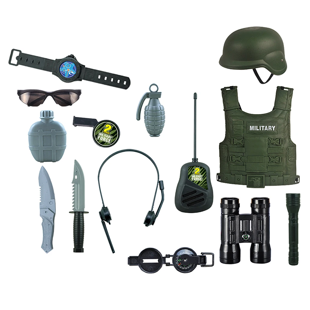 

14x Children Pretend Play Toy Tool Kits Outdoor Soldiers Costumes Clothes Model