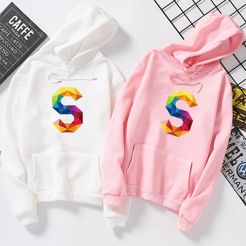 

Women Hoodies Sweatshirt Female Coat Tops Autumn Winter Plus Velvet Color Letter Harajuku Print Streetwear Pullover Thick Loose