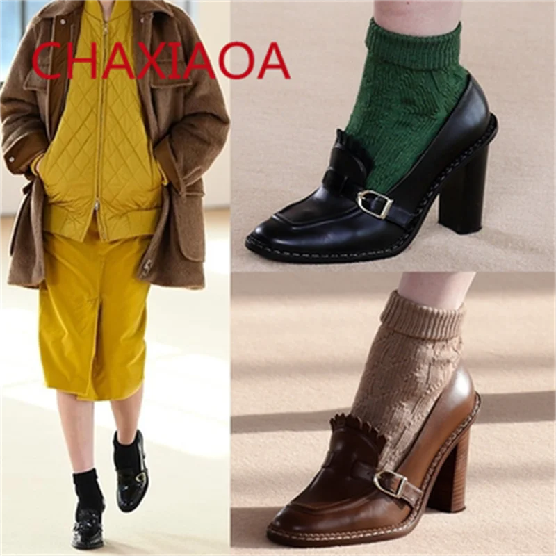 

CHAXIAOA Vintage Women's Pumps Shallow Slip On Tassel High Heels Leather Round Toe Female Office Dress Shoes Woman Chunky Heel
