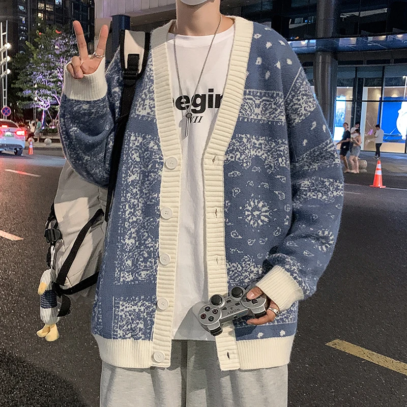 

Осень 2021, новый кардиган, свитер, мужской брендовый свободный свитер с цветком кешью, пальто, куртка