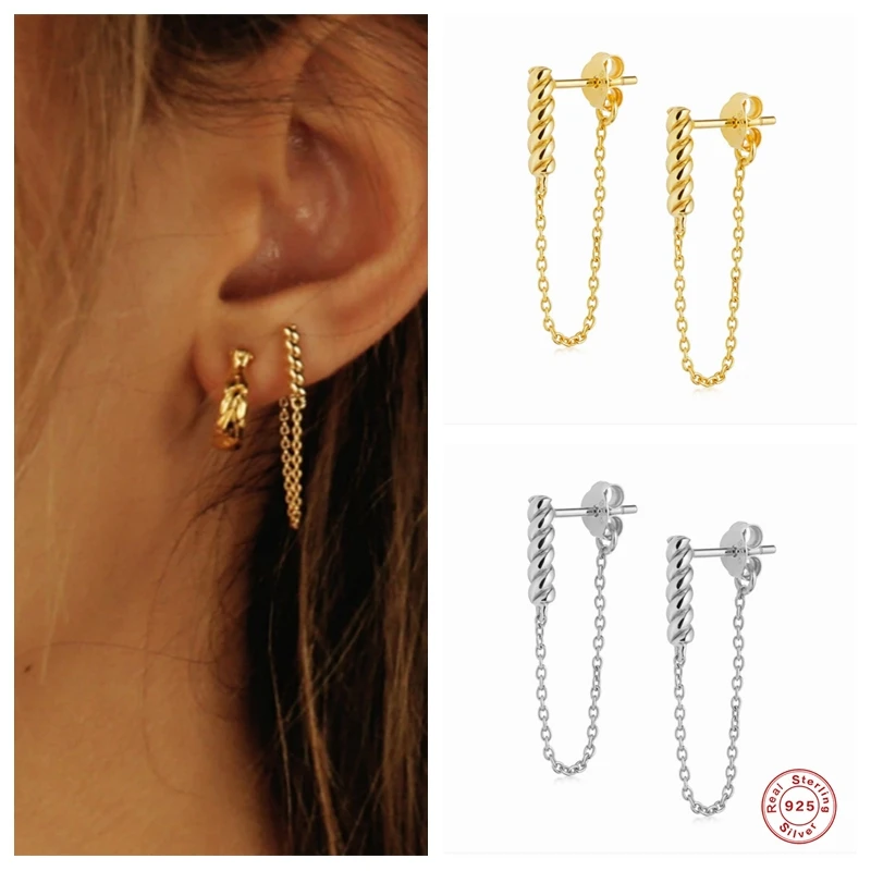

Aide 925 Sterling Silver Gold Long Chain Rope Stud Earrings Piercing Line Pendiente Luxury European Jewelry For Women Girls Gift