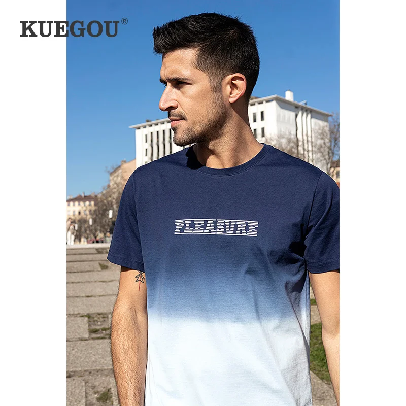 

KUEGOU 2022 Summer 100% Cotton Print Blue Letter T Shirt Men Tshirt Brand T-shirt Short Sleeve Tee Shirt Fashion Clothes 90080