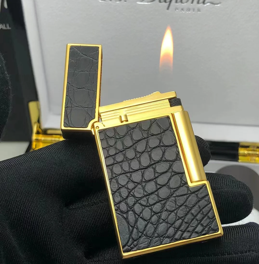 

New Fashion Dupont Bright Sound Pure Copper Genuine Leather Butane Gas Lighters.Side Flint Slip Ignition.Men's Smoking Gift