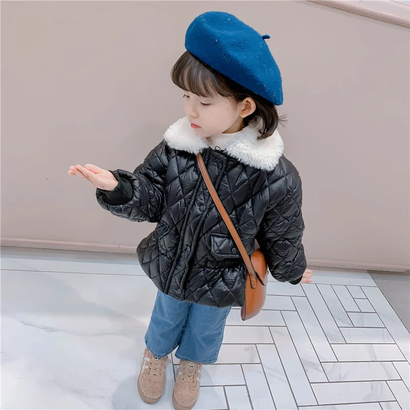 

Toddler Girls Warm Down Coats Winter New Fashion Plaid Fur Collar Kids Jacket Kids Thick Solid Color Warm Cotton Jacket For Girl