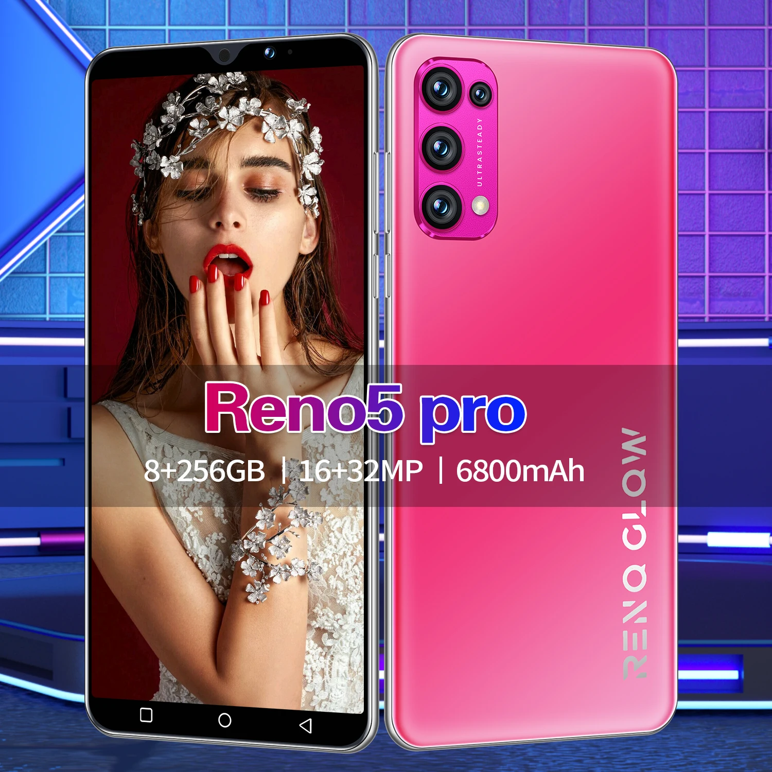 

Reno5 Pro 6.0 Inch 8+256GB 16+32MP 6800mAh Fingerprint Unlock GPS Smart Phone MTK6889 10 Core Face ID Cellphones Global Version