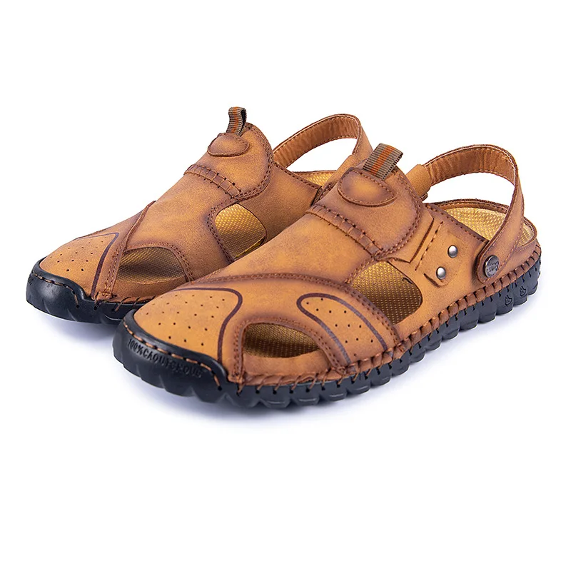 

Mens Slides Leather Beach Shoes Big Size 48 Outdoor Summer Slip on Sandals Comfort Breathable Fashion Slippers Handmade for Male