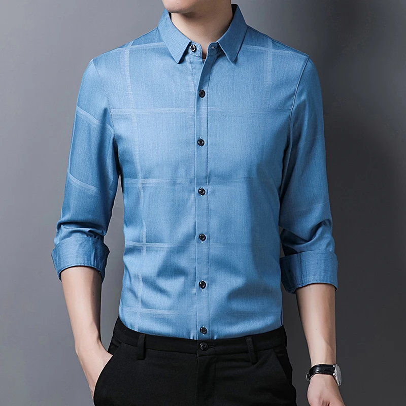 

Полосатая рубашка, Мужская Осенняя Новинка 2020, Высококачественная свисающая рубашка, повседневная мужская облегающая Модная рубашка с дли...