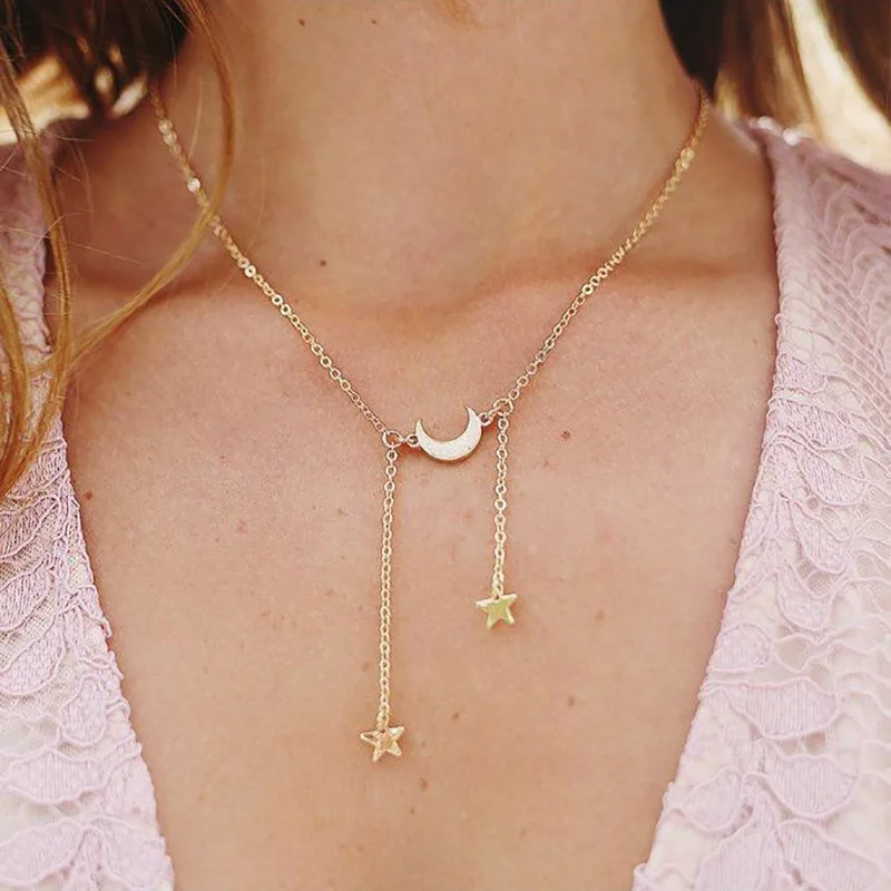 

Korean Star Pendant Necklcae Vintage Golden Color Clavicle Chain Choker for Women Fashion Moon Charms Chokers Necklace Jewelry