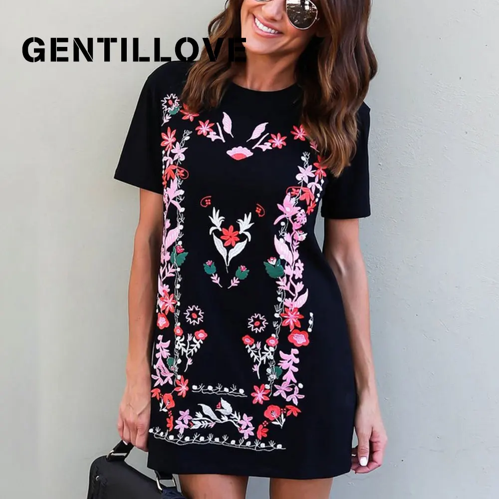 

Gentillove Casual Short Sleeve T Shirt Dress Vintage Indie Folk Style Mini Dress Floral Print Harajuku Loose Streetwear Dress
