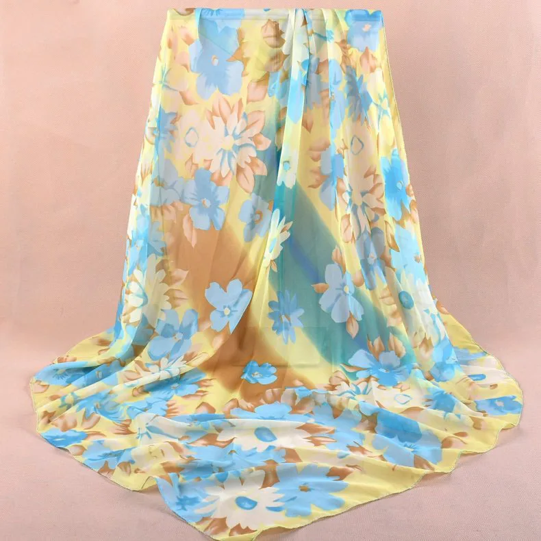 

2020 FAL/WIN Rainbow flower print chiffon scarf silk square hijab cool shawl ladies foulard femme Scarves hair bufanda mujer