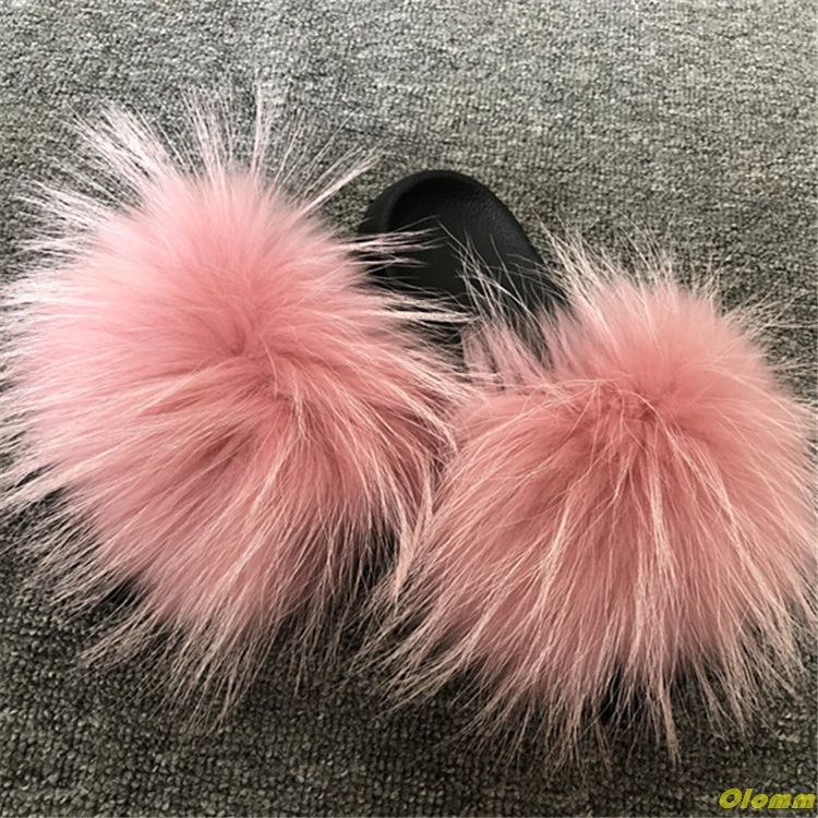 Шлепанцы с натуральным лисьим мехом большие размеры Летние пушистые шлепанцы