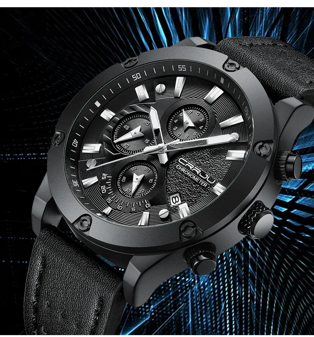 

CRRJU Top Brand Men's Sport Watch Leather Waterproof WristWatch Men Watches Date Luxury Relogio Masculino Horloges Mannen