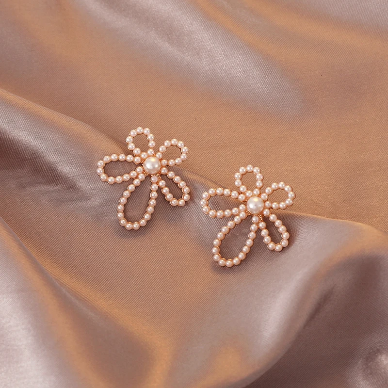 Модные геометрические серьги гвоздики с жемчугом и цветами милые Романтические