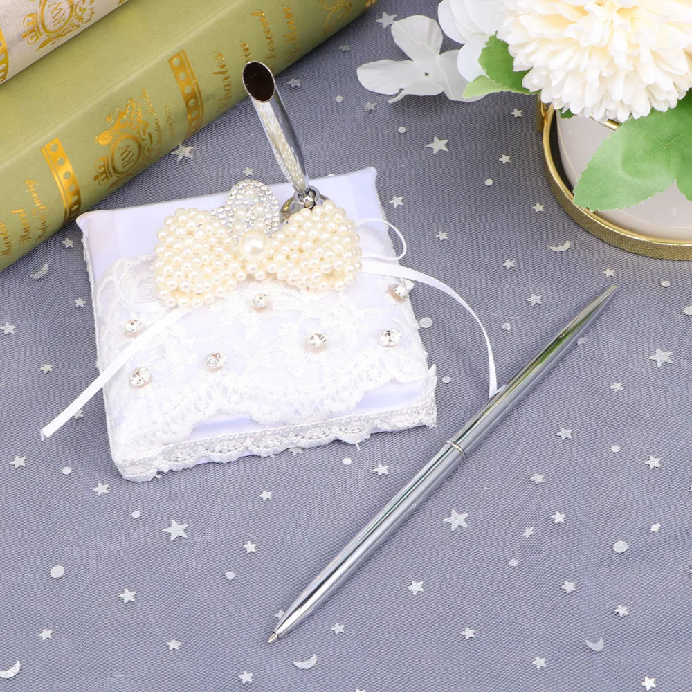 

1PC Signature Guest Book Pen Holder Ribbon Pearl Bowknowt Guestbook Pen Stand with Pen for Wedding Party