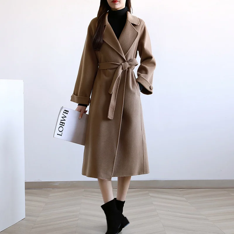 Женское двустороннее кашемировое пальто корейское свободное шерстяное средней