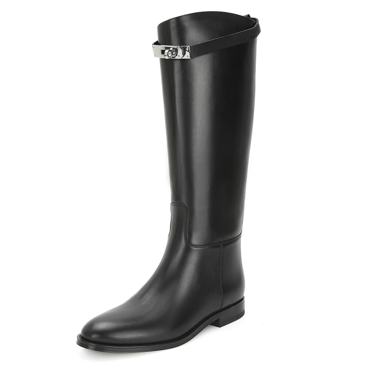 

New Autumn Winter Boots Knight Metal Decor Flats Knee High Boots Women Brown Leather Shoes Ladies Round Toe Riding Boots