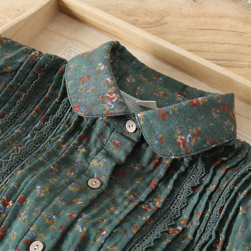 

New Spring Women Blouse Japan Style Literary Turndown Collar Double Cotton Yarn Oversized Print Shirt Women