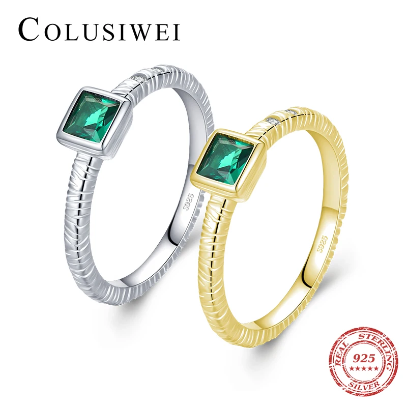

COLUSIWEI Genuine 925 Sterling Silver Irregular Vintage Texture Band Emerald Green Stackable Rings For Women Fine Jewelry Anel