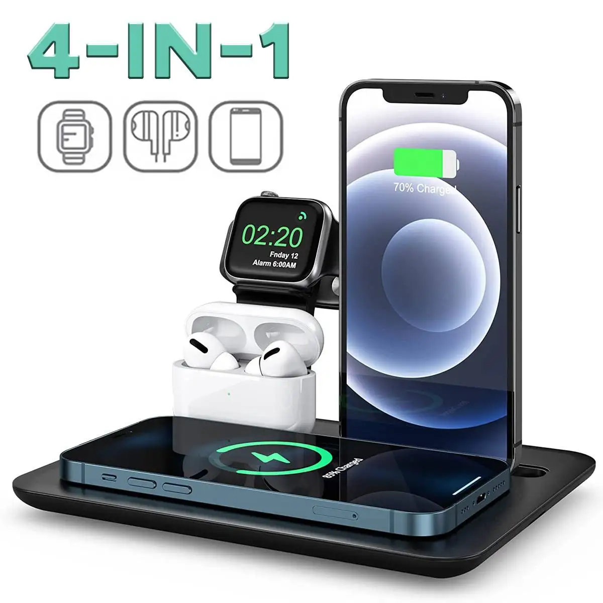 

Беспроводная зарядная станция Qi для iPhone, складная док-станция 4 в 1 для быстрой зарядки iPhone 11, 12 X, 8, Airpods Pro, iWatch, 15 Вт