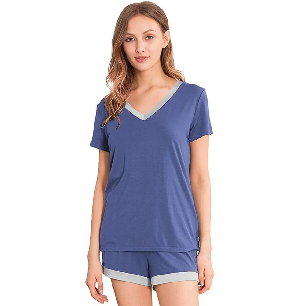 

Women Fashion Casual Nightwear V Neck Loungewear Elastic Waist Short Sleeve Polyester Sleepwear Soft Solid Summer Pajamas Set