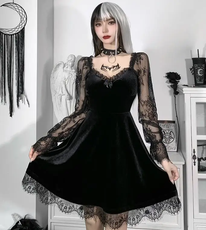 

Винтажное женское платье Y2K, однотонные кружевные соблазнительные платья с V-образным вырезом и длинными расклешенными рукавами, праздничный подарок