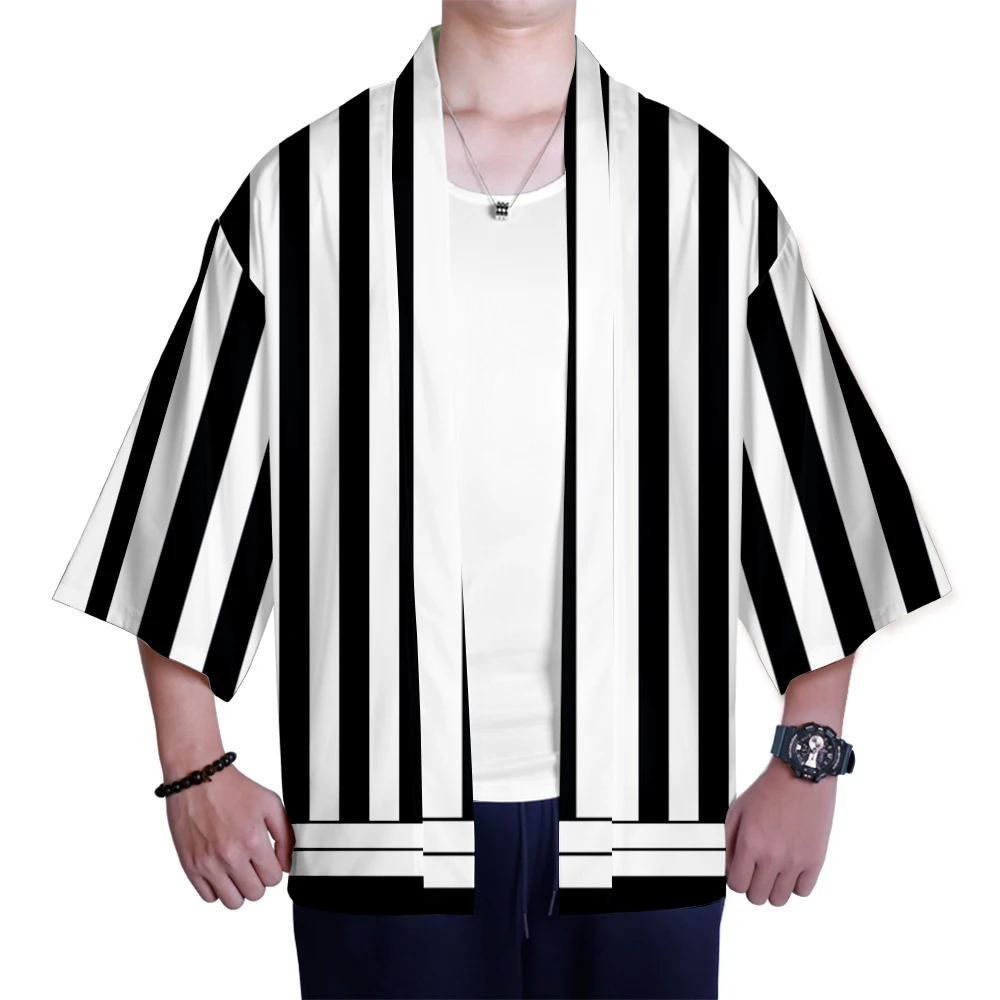 

Ghost knife casual 3D fashion Japanese kimono popular seven-sleeve cardigan autumn and summer black and white striped top