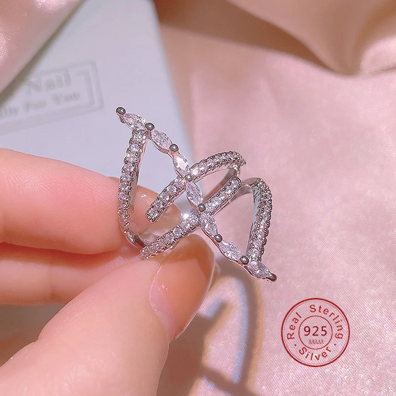

Newest 925 Stamp Wing Shape 5A CZ Finger Rings for Women Statement Cross Wedding Ring Elegant S925 Stamp Jewelry
