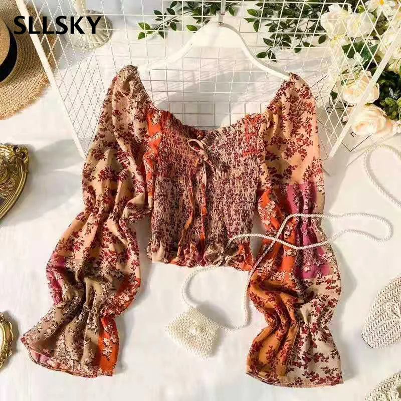 

SLLSKY Floral Color Matching Foreign Air Bubble Full Sleeve Elastic Waist Slimming Slash Neck Short Chiffon Shirt Blouse Spring