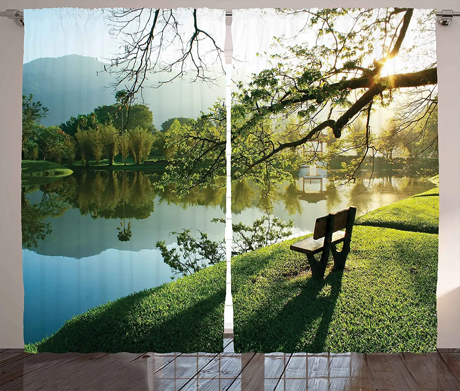 Nature оконные шторы деревянное кресло в озере садовом парке спокойное
