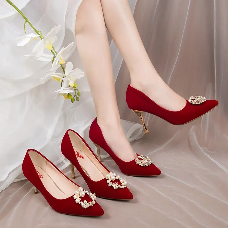 

Casual Woman Shoe Pearl Decorateion Pointed Toe New Wedding Beading Rubber Solid Flock Slip-On Med Leisure PU Basic