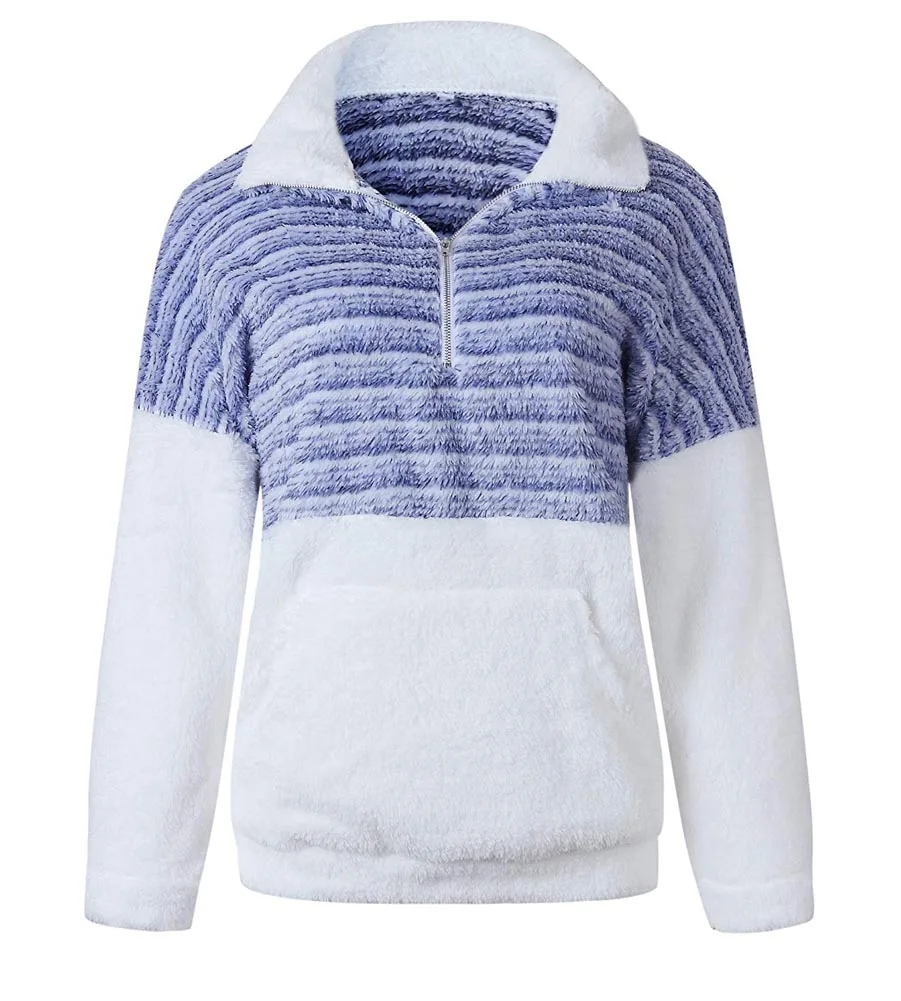 Striped Blue Осень зима женские 1/4 на молнии шерпа вязать Мягкий теплый флисовый пуловер цветной блок Пушистый свитер верхняя одежда кенгуру карманы - Цвет: Striped Blue
