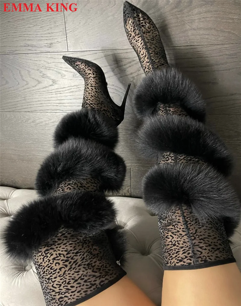 Женские зимние леопардовые сапоги выше колена с мехом и перекрестными вставками