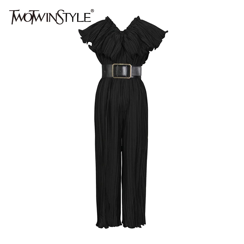 

Женский комбинезон TWOTWINSTYLE, черный комбинезон с v-образным вырезом, коротким рукавом, высокой талией, поясом и рюшами, свободные прямые длинн...