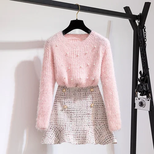 pink whit set Осенне-зимний комплект из двух предметов, спортивный костюм женская одежда элегантный вязаный свитер с бисером+ короткая твидовая юбка русалки, костюм - Цвет: pink whit set