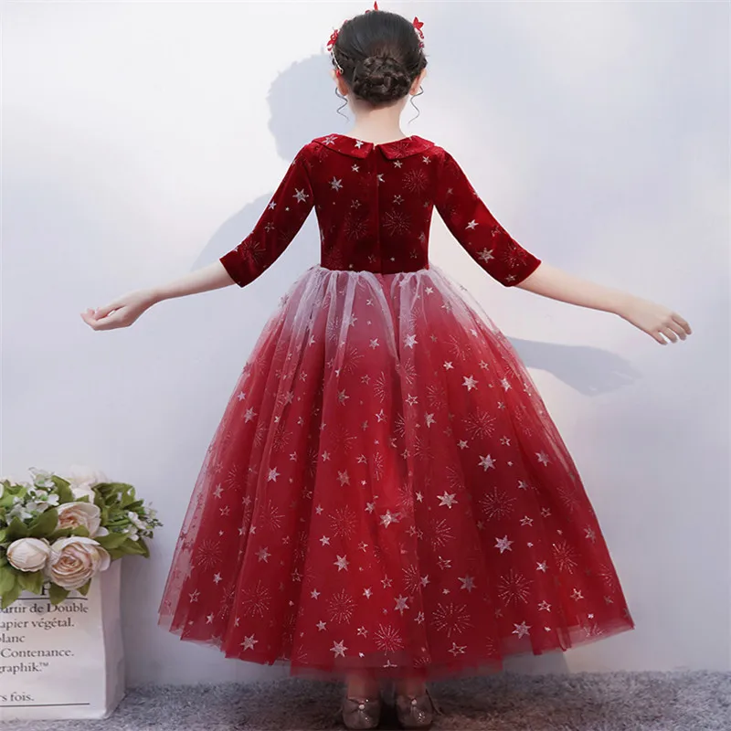 

2019High Quality Children Girls Luxury Sequined Half-Sleeves Birthday Wedding Party Princess Fluffy Long Dress For Host Costumes