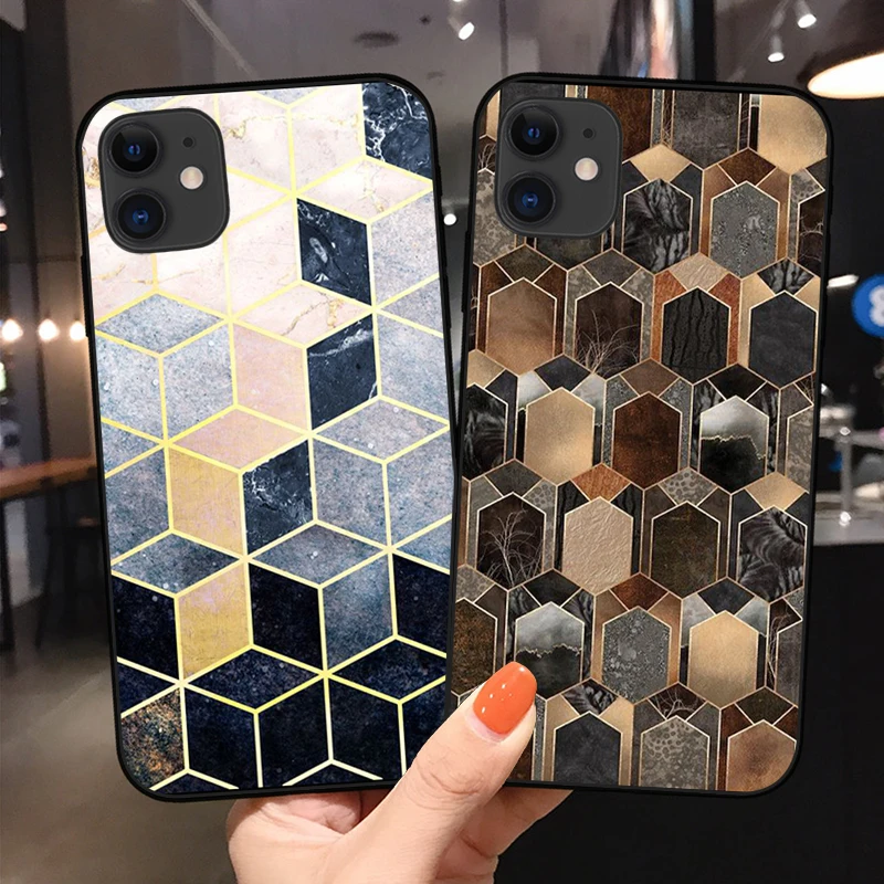 

Retro Geometric Marble Phone Case For iPhone11 12 Pro Max Mini X XR XS Max 7 8 6 6S Plus SE20 Soft Silicone Cover Black TPU case