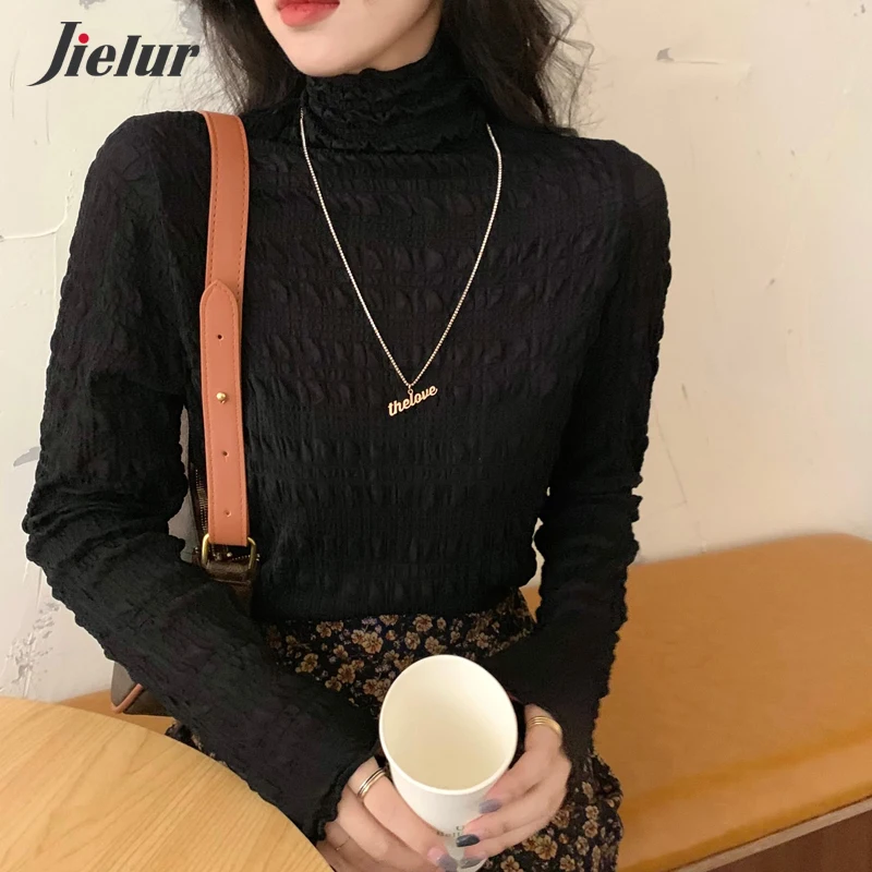 Jielur Корейская водолазка новинка Женская Кружевная футболка с длинным рукавом