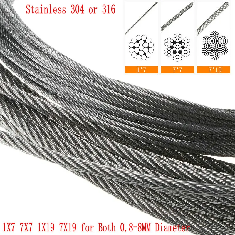 

New 10m 304 or 316 Stainless Steel Wire Rope 7×7 1X7 7X19 1X19 Lifting Cable 0.8-8MM Diameter