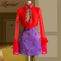 Red and Purple Long Sleeves Celebrity Dresses Crystals Beaded Party Gowns 2022 Red Carpet Evening Dress Prom Dresses Cocktail