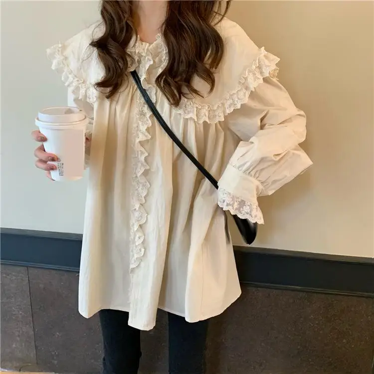

Womens Tops and Blouses Vintage Puff Long Sleeve Peter Pan Collar Ladies Lace Tops Women Shirts Blusas Feminine