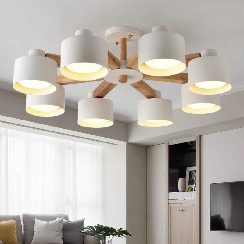 Светодиодный ная люстра E27 для гостиной Деревянный светильник с абажуром