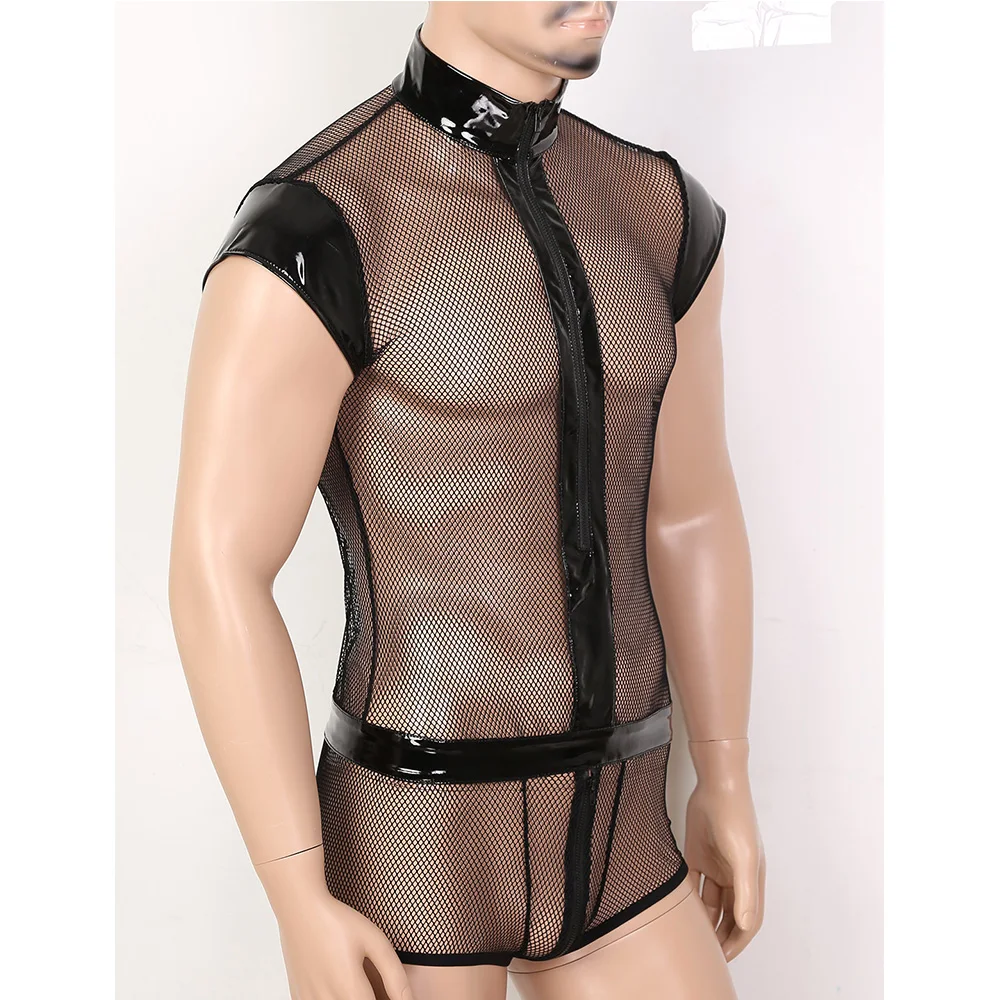 TiaoBug Мужское боди из лакированной кожи женское нижнее белье на молнии с