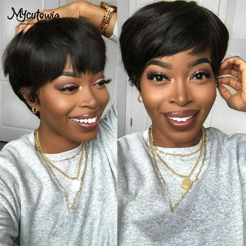 

Short Pixie Cut Straight Hair Wig Brazilian Remy Human Hair Wigs For Black Women Glueless Full Machine Made Wig Cheap Bob Wig