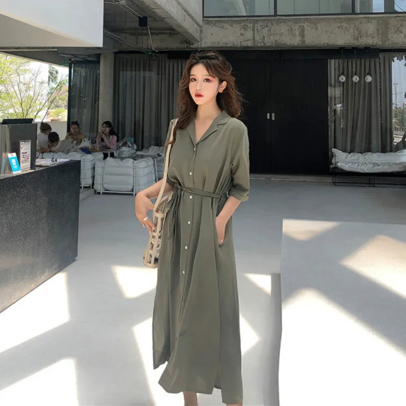 Женское повседневное однобортное платье-рубашка элегантное Свободное длинное