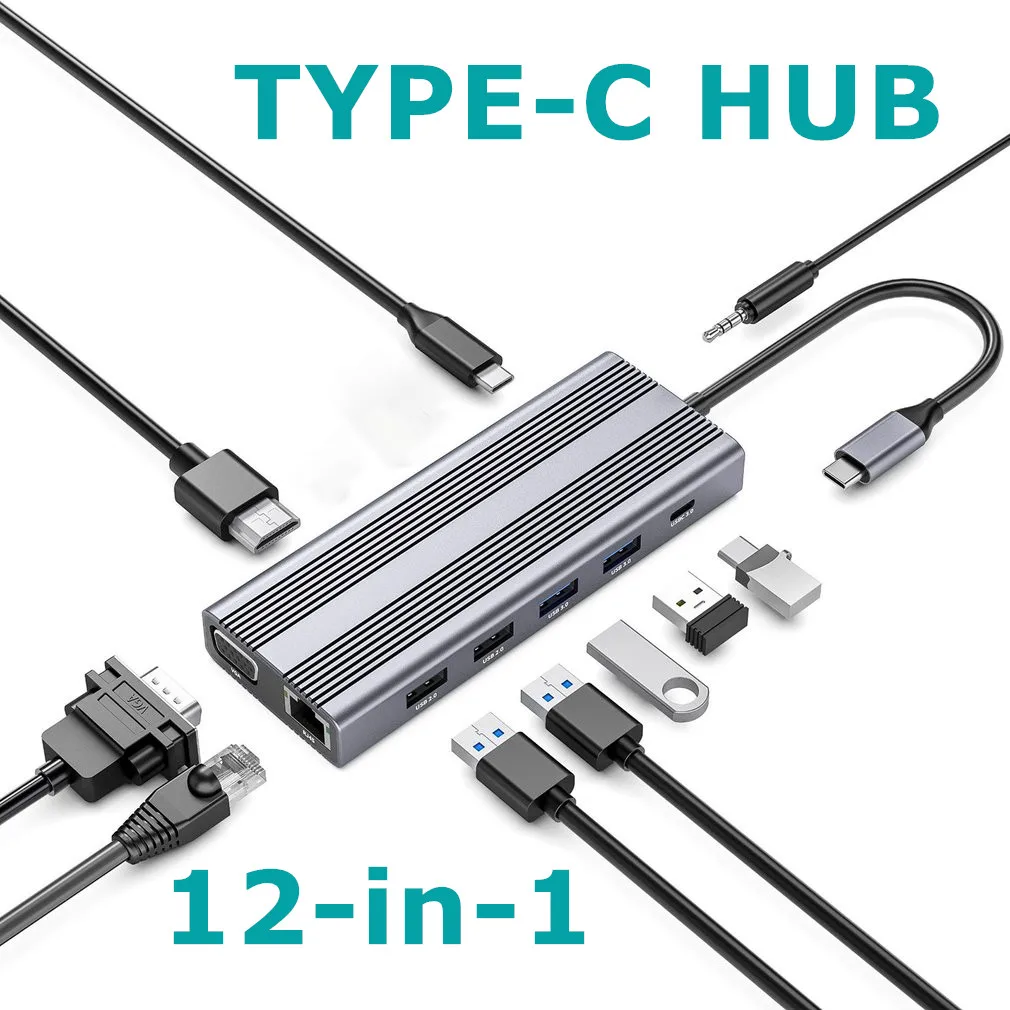

USB C Hub 12in1 Multiport Adapter w/ USB 3.0 2.0 4K HDMI-compatible VGA 60W PD 5Gbps USB C RJ45 3.5mm TF Card Reader Type C Dock
