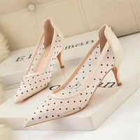 2022 new mesh hollow sexy polka dot women party shoes pointed toe comfort thin heels female pumps shallow ladies work shoe dress